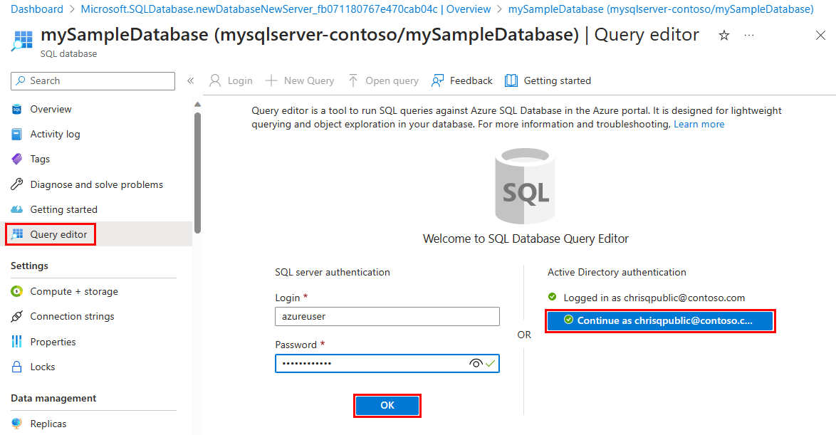 A screenshot of the Query editor login page in the Azure portal.