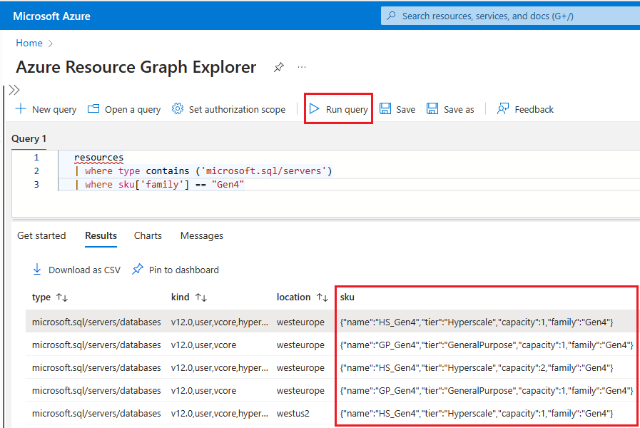 Snímek obrazovky s Azure Resources Graph Explorerem na webu Azure Portal zobrazující výsledky dotazů pro identifikaci hardwaru Gen4