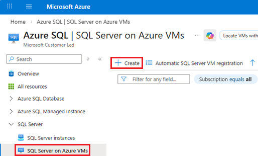 Snímek obrazovky se stránkou SQL Serveru na virtuálních počítačích Azure na stránce centra Azure SQL na webu Azure Portal s tlačítkem +Vytvořit