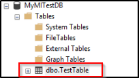Snímek obrazovky z Průzkumník objektů V S S M S zobrazující strukturu složek pro tabulky v MyMITestDB Dbo. Složka TestTable je zvýrazněná.