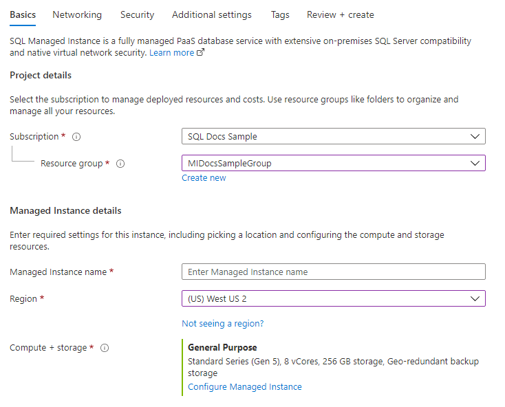 Snímek obrazovky webu Azure Portal při vytváření základní karty služby SQL Managed Instance