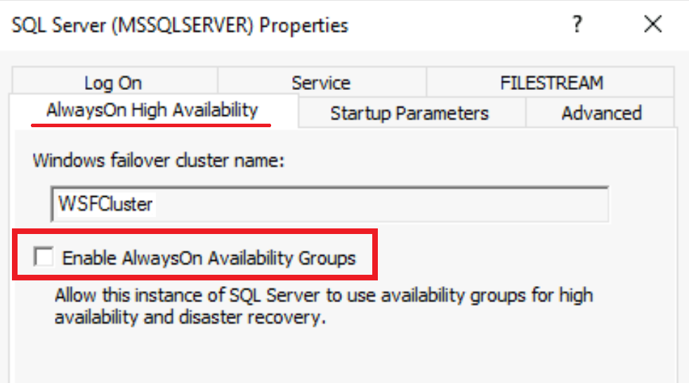 Snímek obrazovky s ověřováním, že je v SQL Serveru povolená možnost AlwaysOn