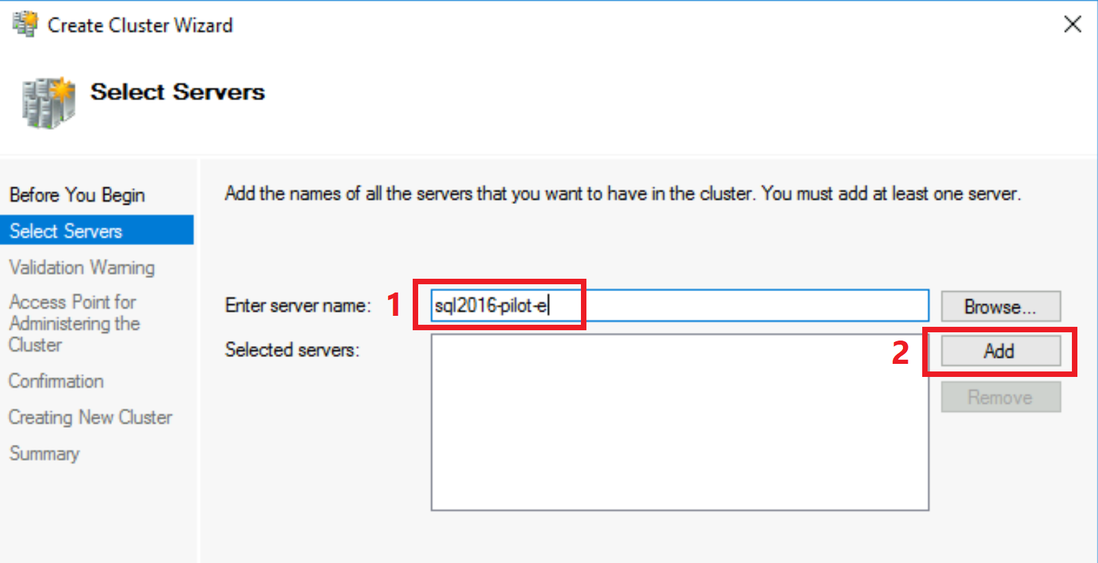 Snímek obrazovky se zadáváním názvu hostitele Windows Serveru při vytváření WSFC