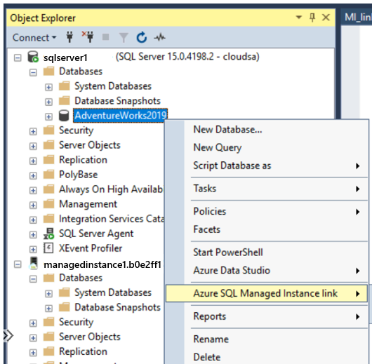 Snímek obrazovky znázorňující možnost odkazu azure SQL Managed Instance v místní nabídce