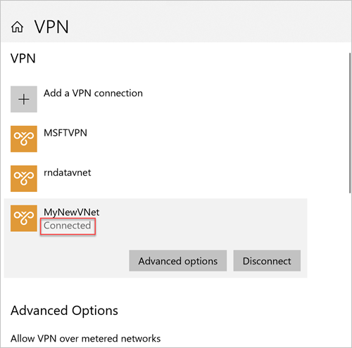Snímek obrazovky připojení VPN systému Windows, která zvýrazní připojenou zprávu při navázání připojení