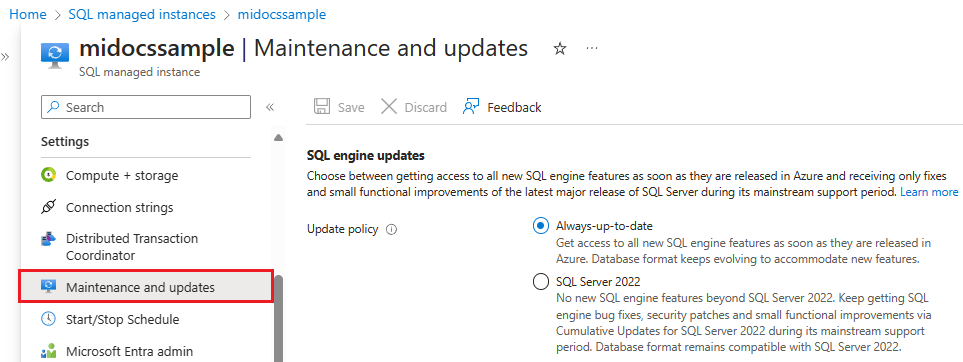 Screenshot stránky SQL Managed Instance na portálu Azure s vybranou zásadou aktualizace.