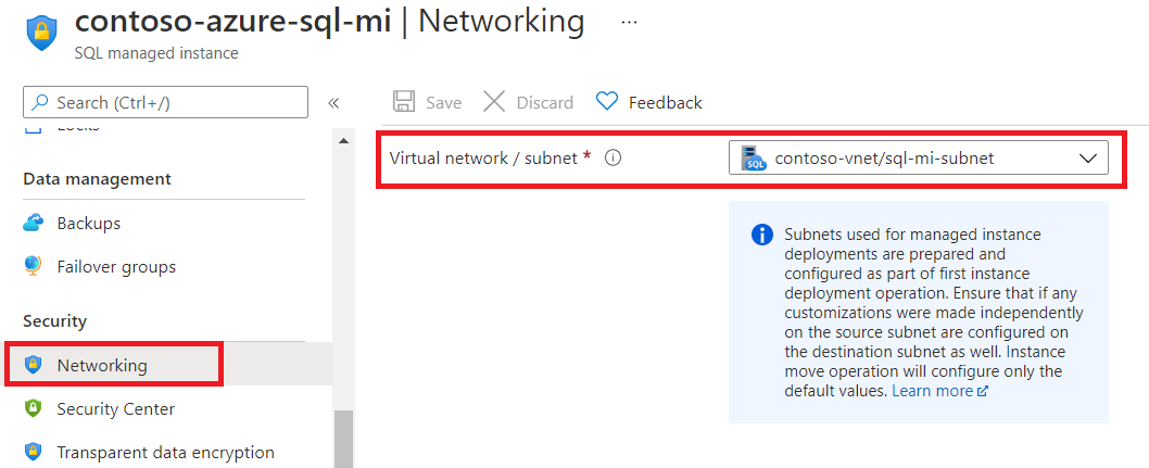 Výběr podsítě v podokně sítí služby SQL Managed Instance