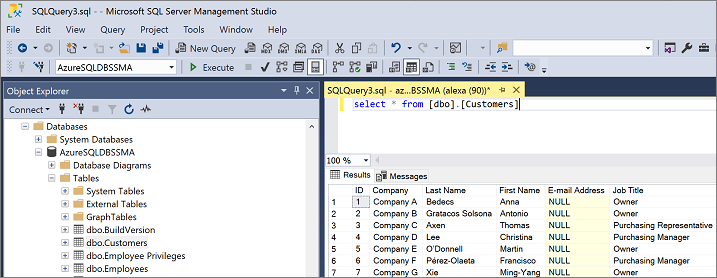 Snímek obrazovky s SQL Server Management Studio Průzkumník objektů pro ověření migrace v nástroji SSMA