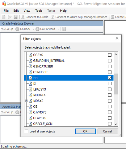 Snímek obrazovky znázorňující výběr schématu Oracle