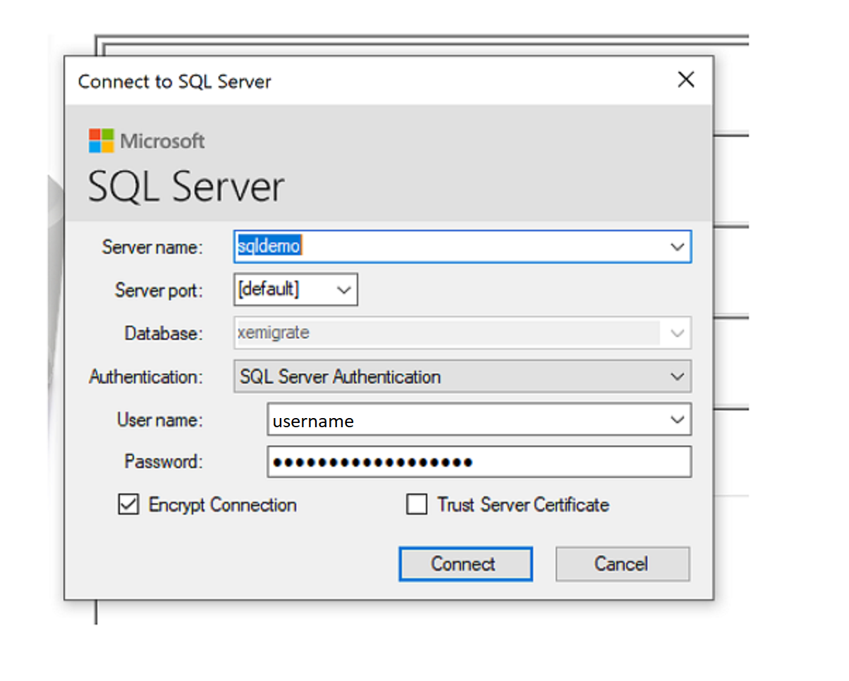 Snímek obrazovky znázorňující krok pro připojení k cíli SQL