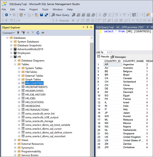 Snímek obrazovky znázorňující instanci SQL Serveru v SSMA