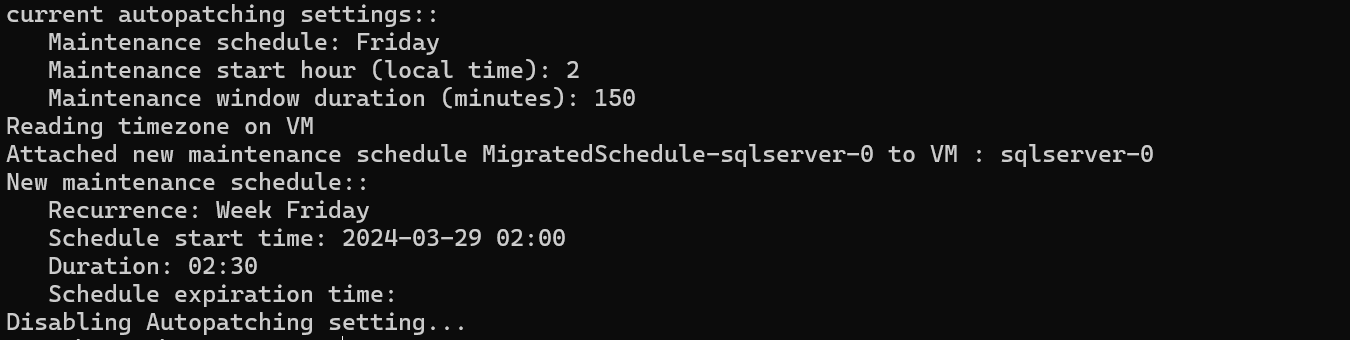 Snímek obrazovky s výstupem skriptu PowerShellu, který migruje plán automatizovaných oprav do Azure Update Manageru