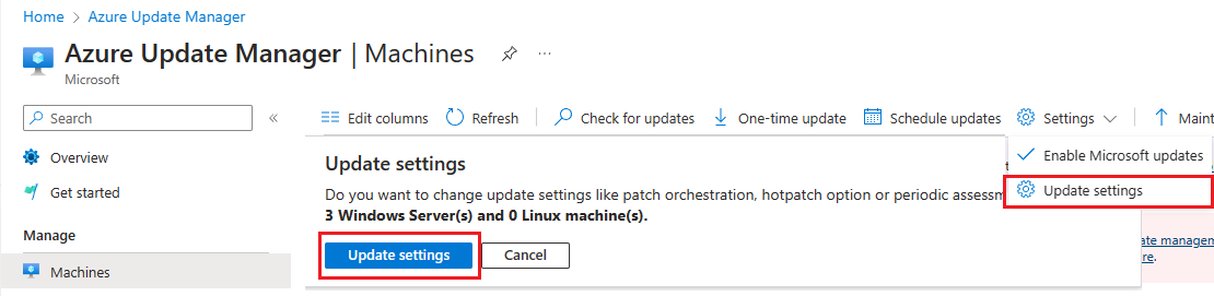 Snímek obrazovky se stránkou Centra Azure Update Manageru se zvýrazněným nastavením aktualizace na webu Azure Portal 