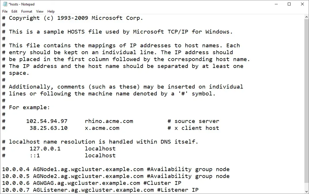 Přidání položek pro IP adresu, cluster a naslouchací proces do souboru hostitele