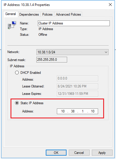  Vyberte **Static IP Address** (StaticKÁ IP adresa) a aktualizujte IP adresu na IP adresu vyhrazeného clusteru Windows ve stejné podsíti, kterou jste přiřadili k virtuálnímu počítači s SQL Serverem v článku požadavky.