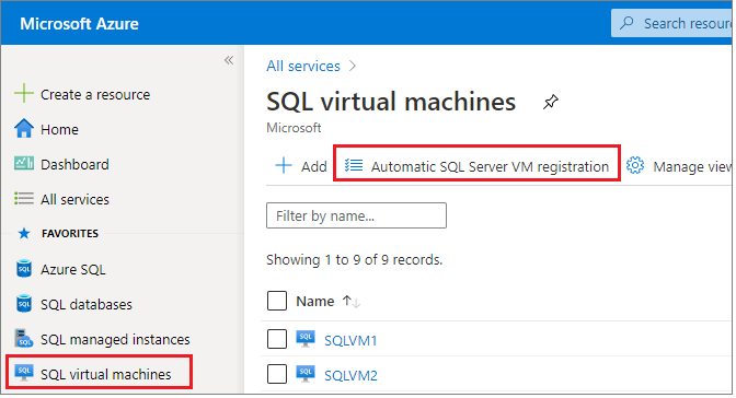 Snímek obrazovky znázorňující, jak vybrat automatickou registraci virtuálního počítače s SQL Serverem a otevřít stránku automatické registrace