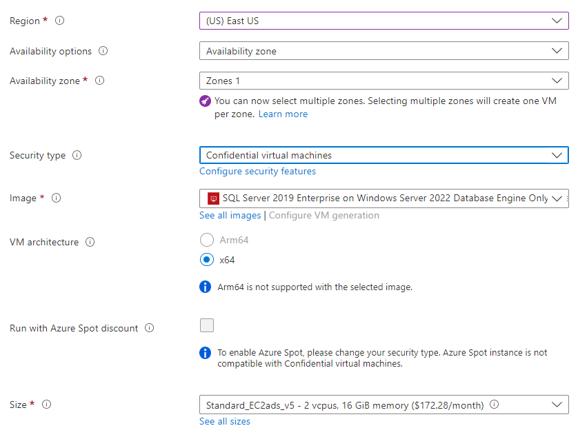 Snímek obrazovky webu Azure Portal zobrazující podrobnosti o instanci