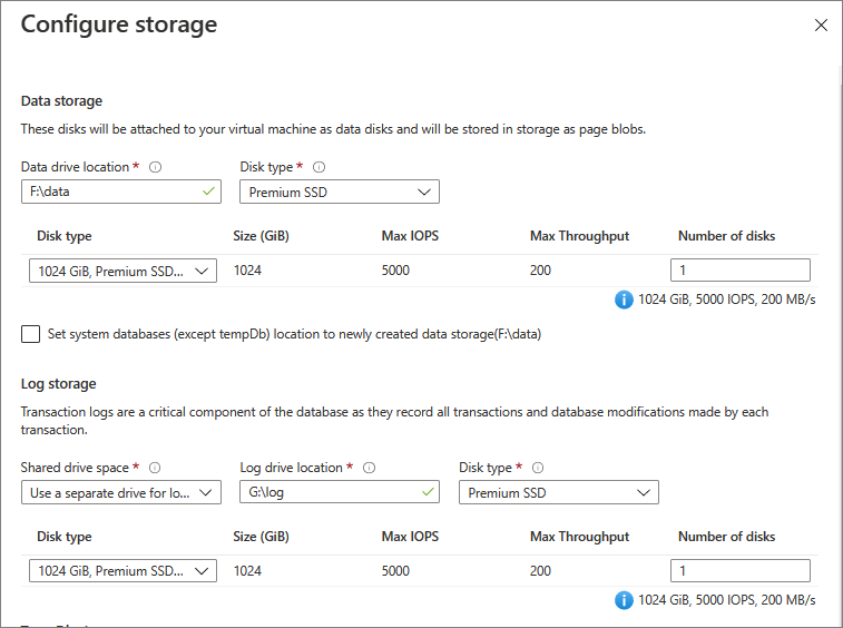 Snímek obrazovky webu Azure Portal na stránce Konfigurace úložiště virtuálního počítače s SQL Serverem během zřizování