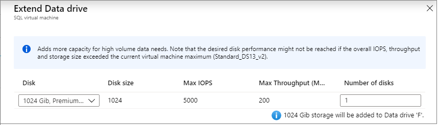 Snímek obrazovky webu Azure Portal zobrazující stránku Rozšířit datovou jednotku sloužící ke konfiguraci úložiště pro existující virtuální počítač s SQL Serverem