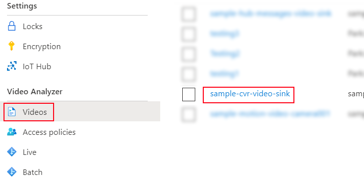 Obrázek části nabídky Analyzátoru videí v Azure Video Analyzeru se zvýrazněním výběru Videa