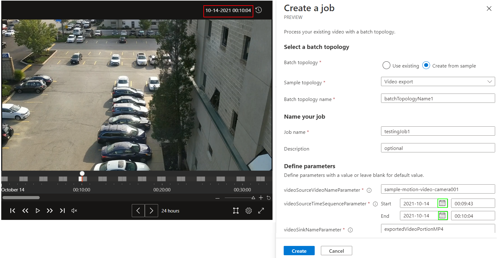 Obrázek widgetu videopřehrávacího nástroje Video Analyzer a vysouvacího okna úloh kanálu se zvýrazněným časovým razítkem videa v červeném poli a zeleným rámečkem kolem ikony kalendáře