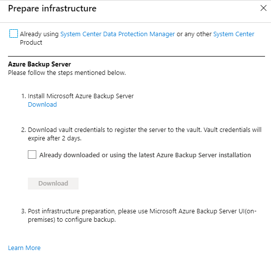 Snímek obrazovky znázorňující kroky pro přípravu infrastruktury pro Azure Backup Server