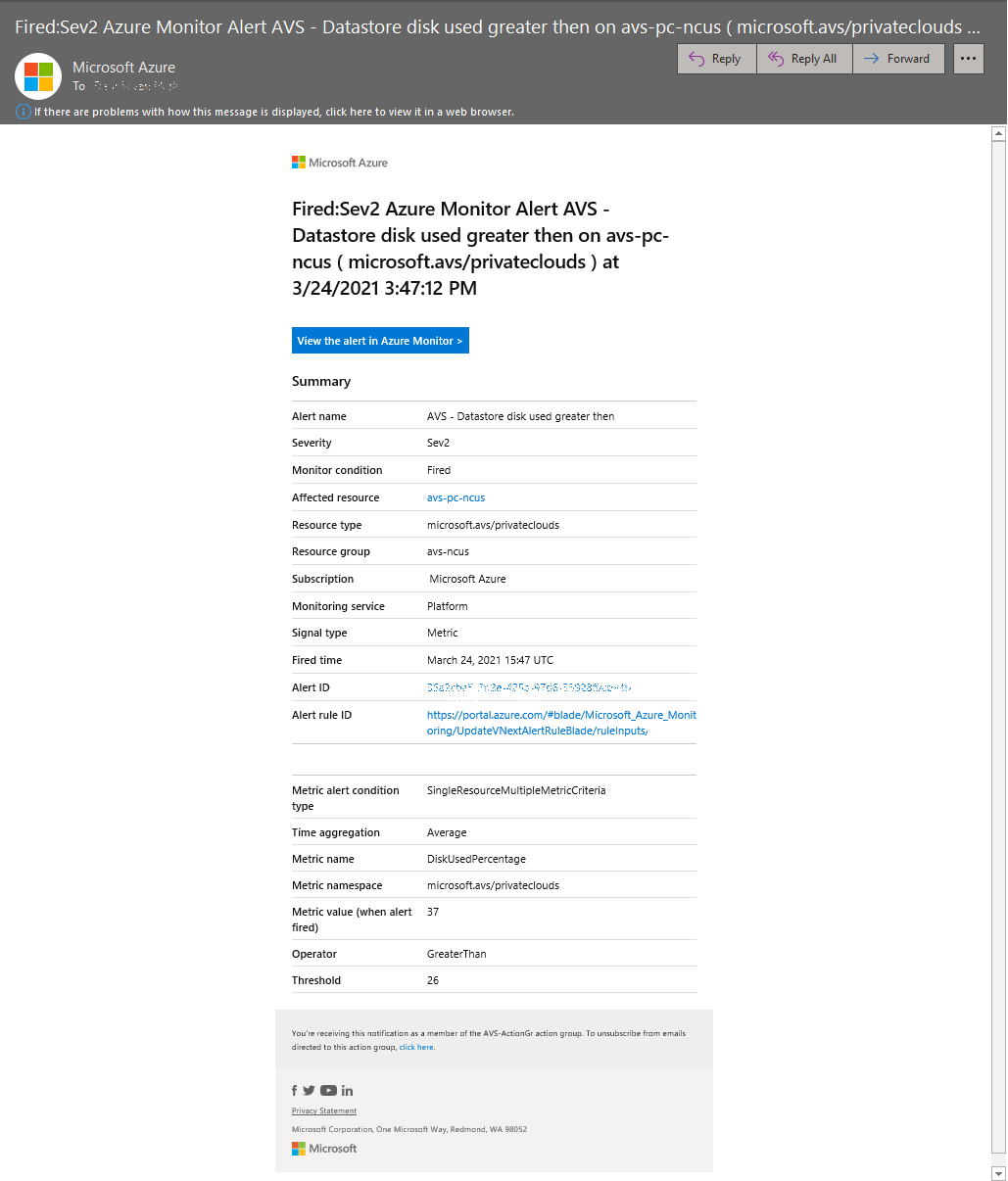 Snímek obrazovky upozornění služby Azure Monitor s řetězcem chyby a s datem a časem, kdy byla událost spuštěna.