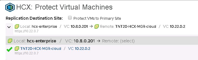 Snímek obrazovky znázorňující okno VMware HCX: Chráněné virtuální počítače