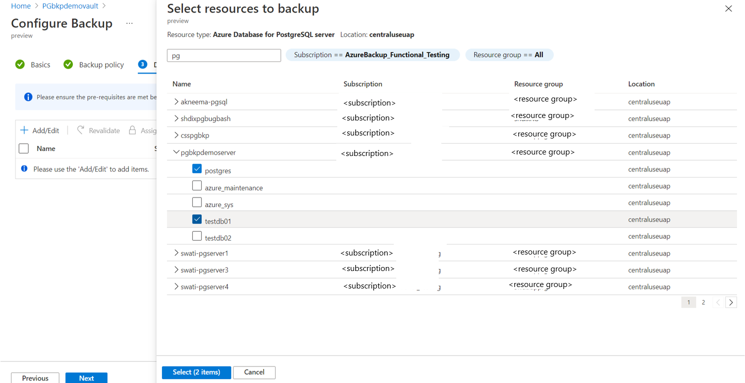 Snímek obrazovky znázorňující, jak zvolit server Azure PostgreSQL