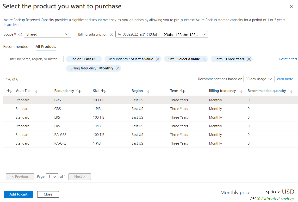 Snímek obrazovky znázorňující informace, které se mají zadat pro nákup možností rezervace pro Azure Backup Storage