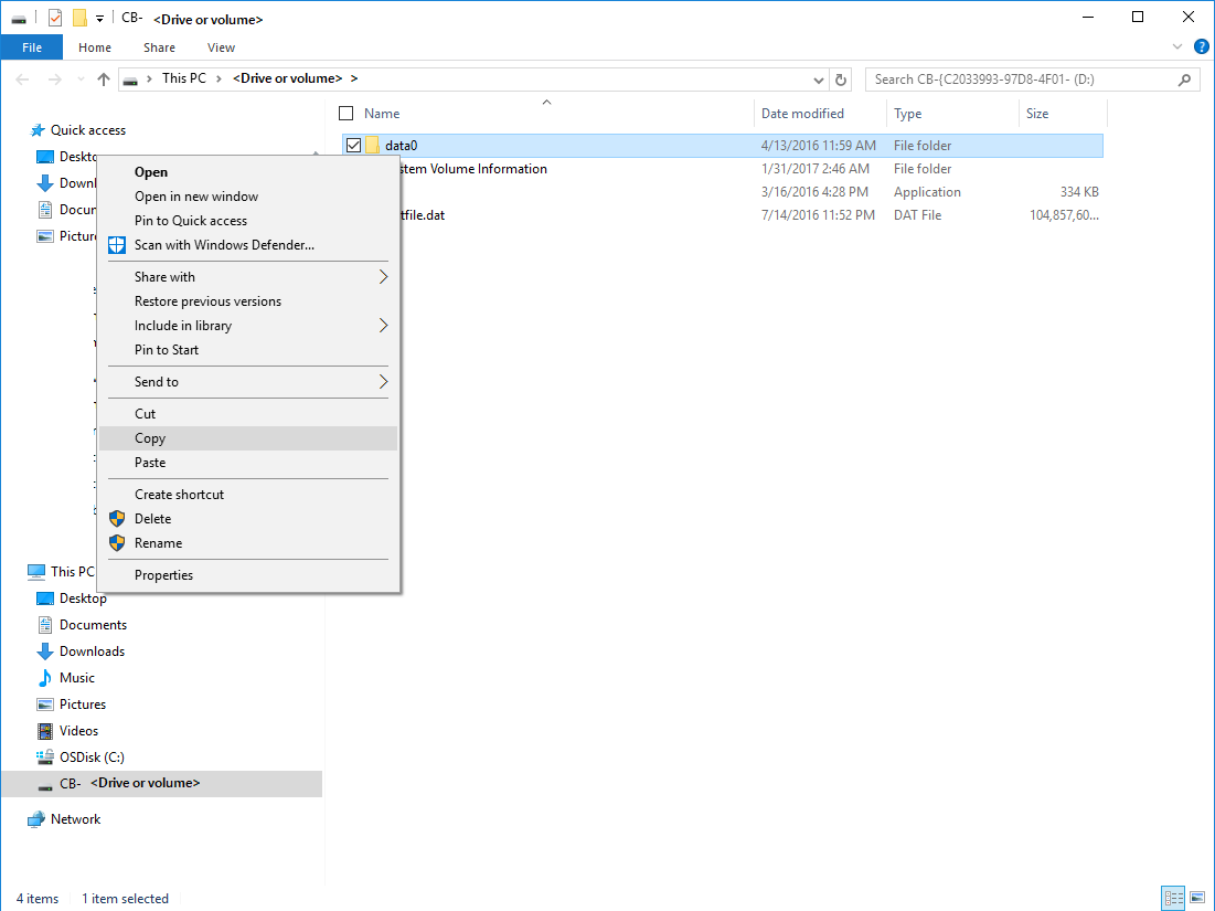 Snímek obrazovky Průzkumníka Windows se zvýrazněnou možností Kopírovat (obnovení na alternativní počítač)