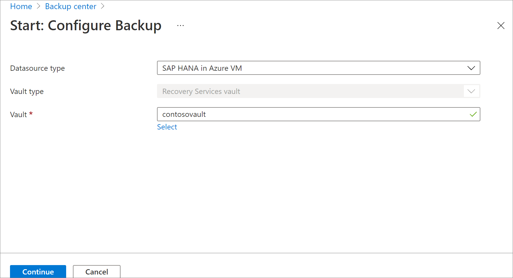 Screenshot showing to select an SAP HANA database in Azure VM.