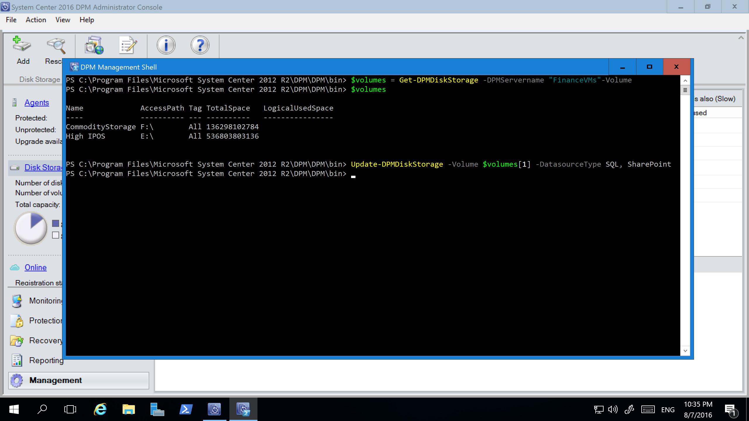 Snímek obrazovky znázorňující příkaz Update-DPMDiskStorage v okně PowerShel.l