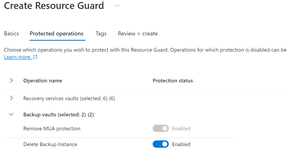 Snímek obrazovky znázorňující, jak vybrat operace pro ochranu pomocí služby Resource Guard