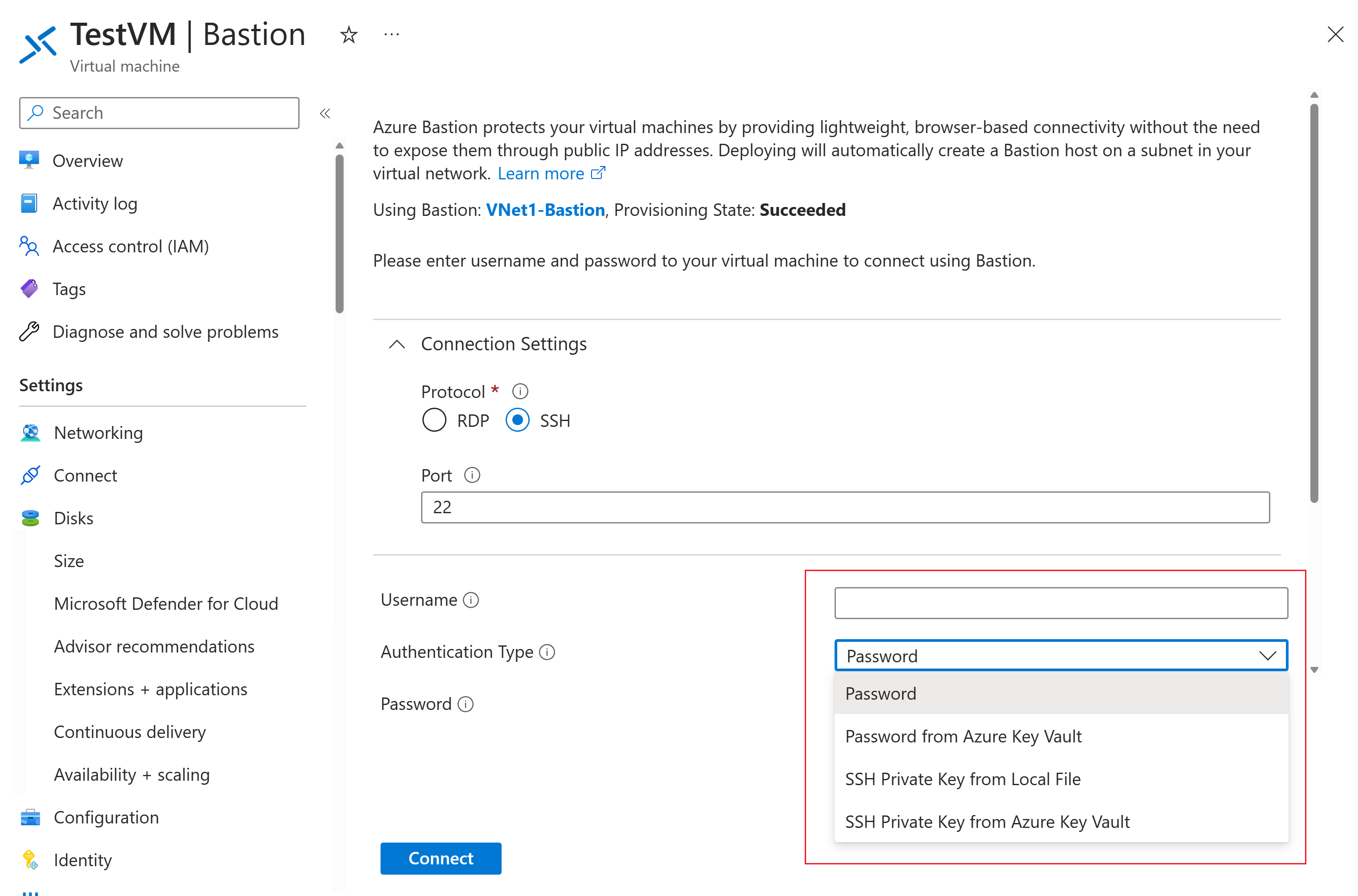Screenshot shows authentication type settings.