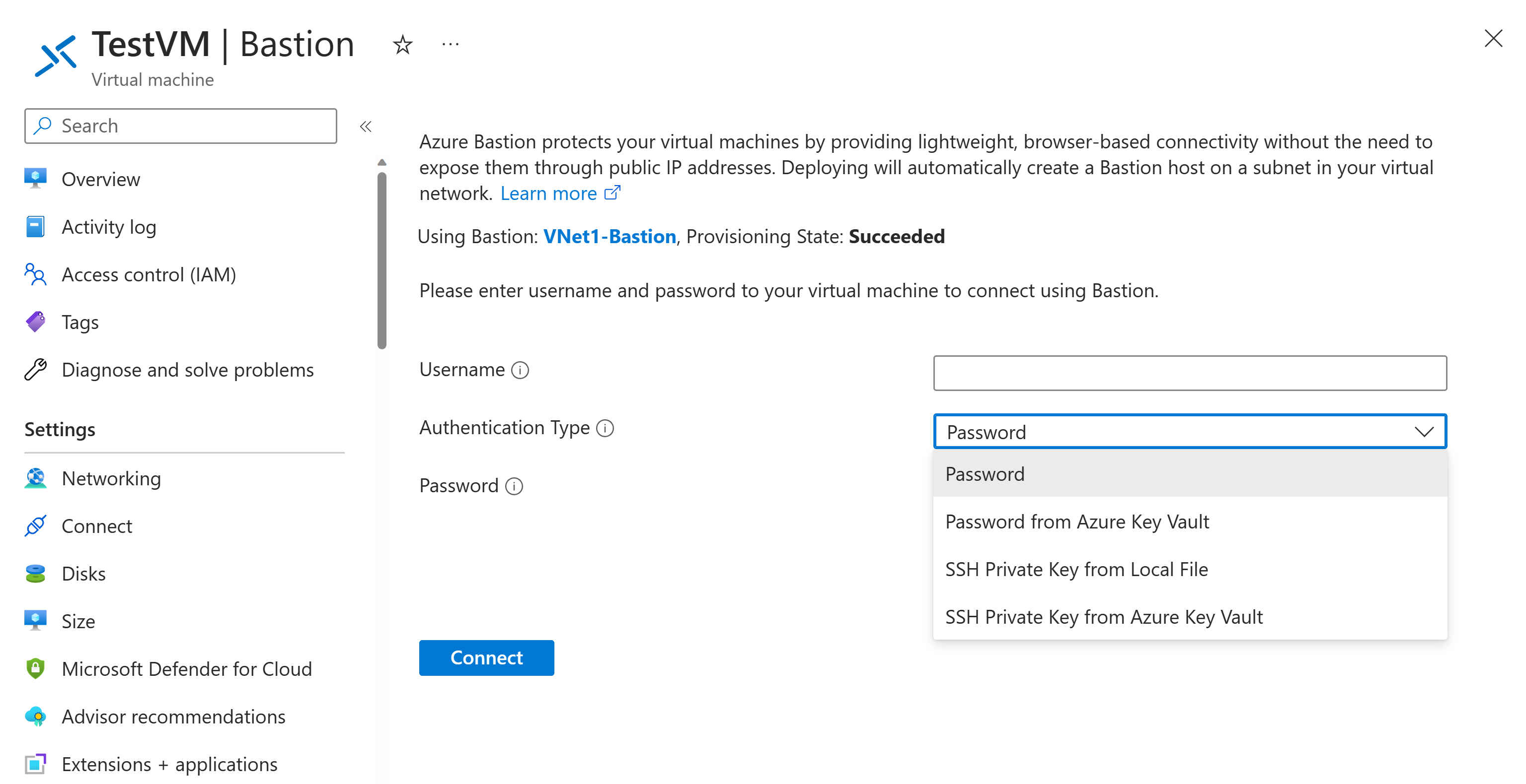 Screenshot shows connection settings for the Basic SKU.