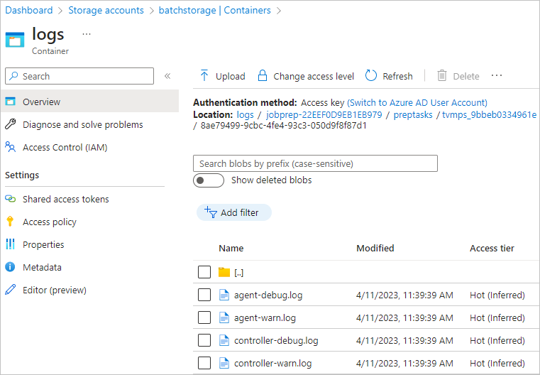 Snímek obrazovky s protokoly úloh v kontejneru úložiště