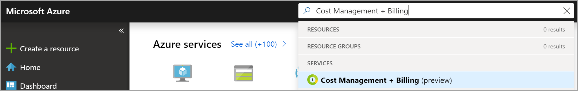 Snímek obrazovky znázorňující hledání položky Cost Management + Billing na webu Azure Portal za účelem odeslání žádosti o vlastnictví fakturace