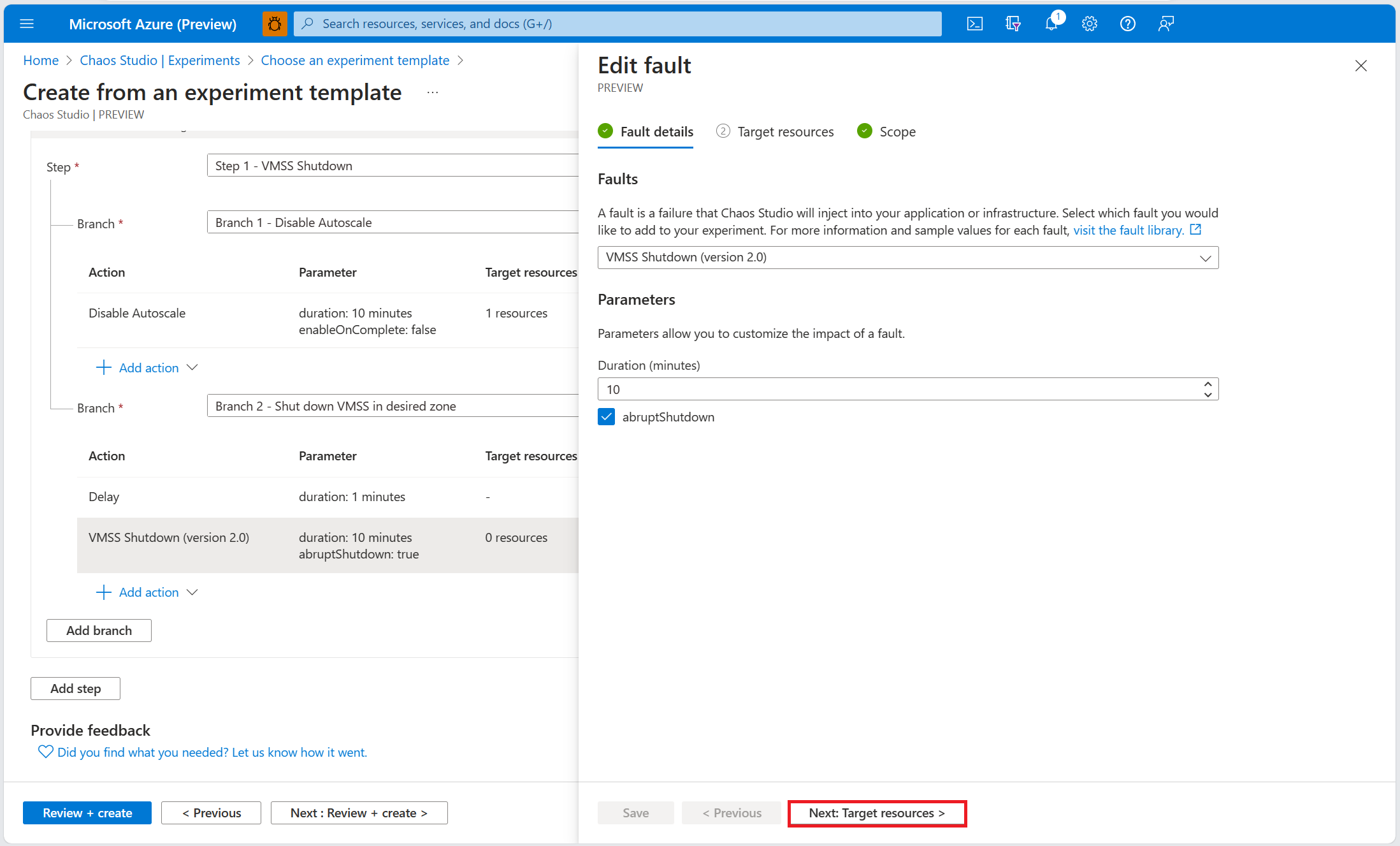 Snímek obrazovky znázorňující podokno parametrů selhání pro škálovací sadu virtuálních počítačů se zvýrazněným tlačítkem Cílové prostředky