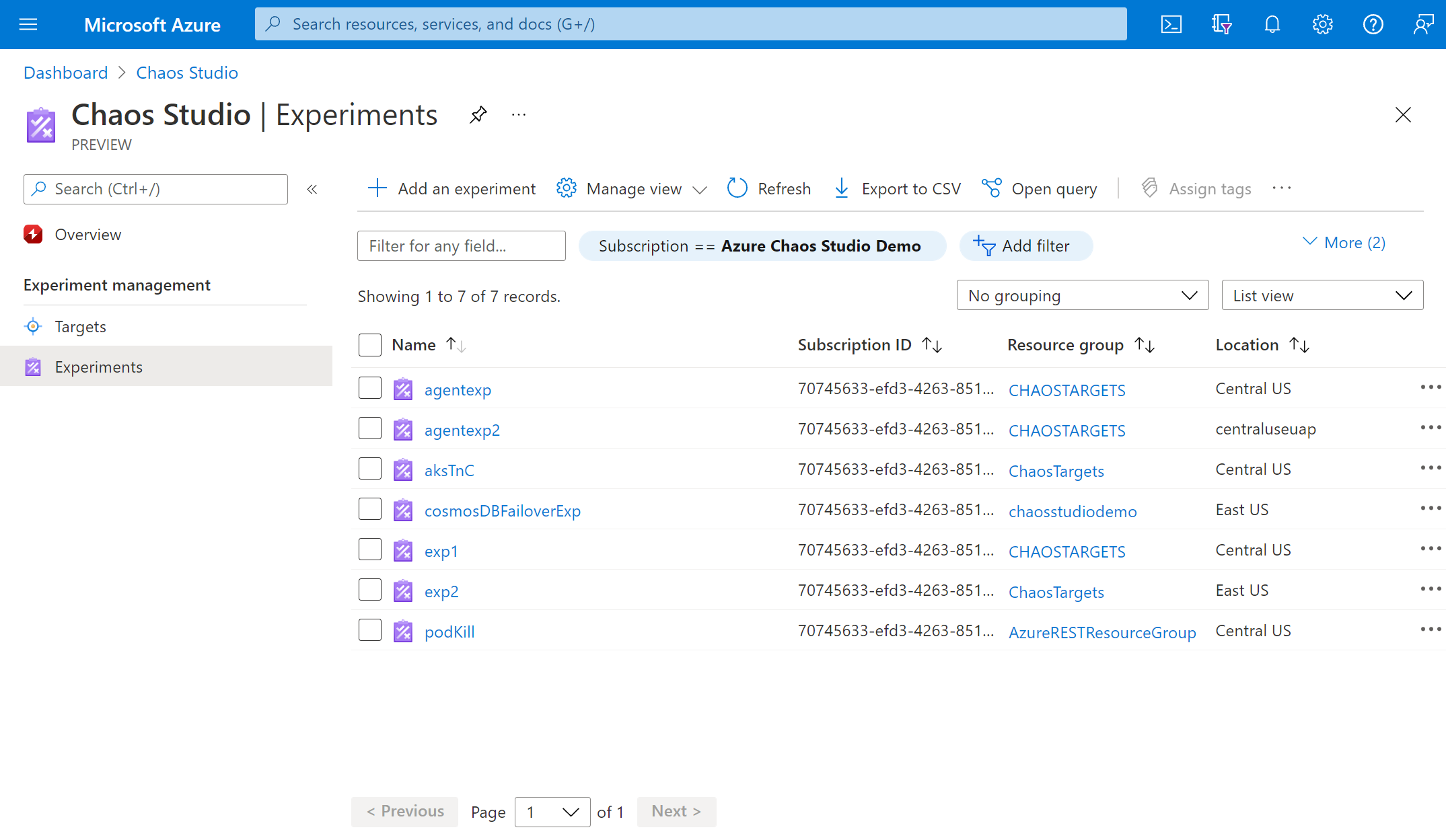 Snímek obrazovky znázorňující zobrazení Experimenty na webu Azure Portal