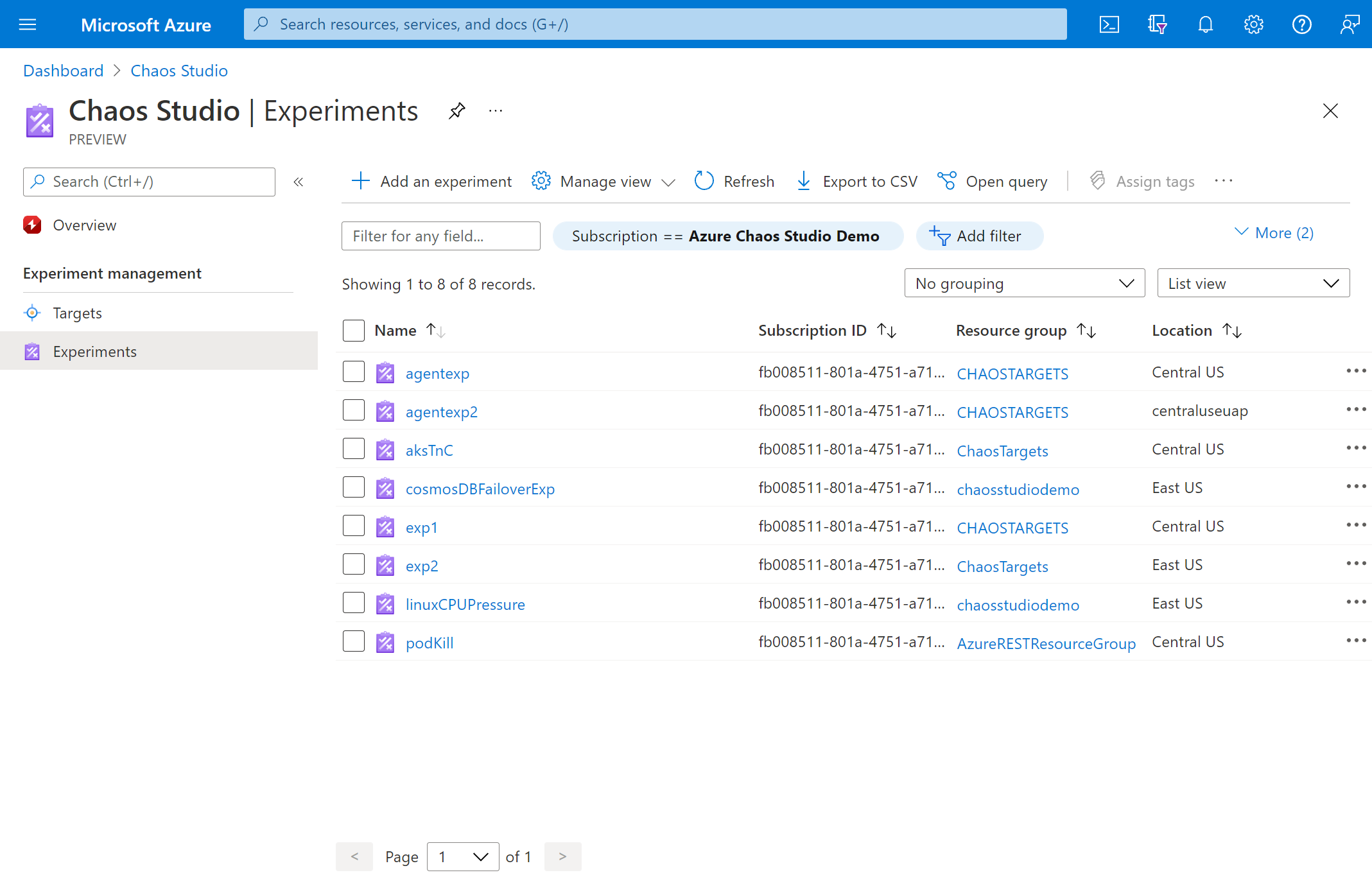 Snímek obrazovky znázorňující zobrazení Experimenty na webu Azure Portal