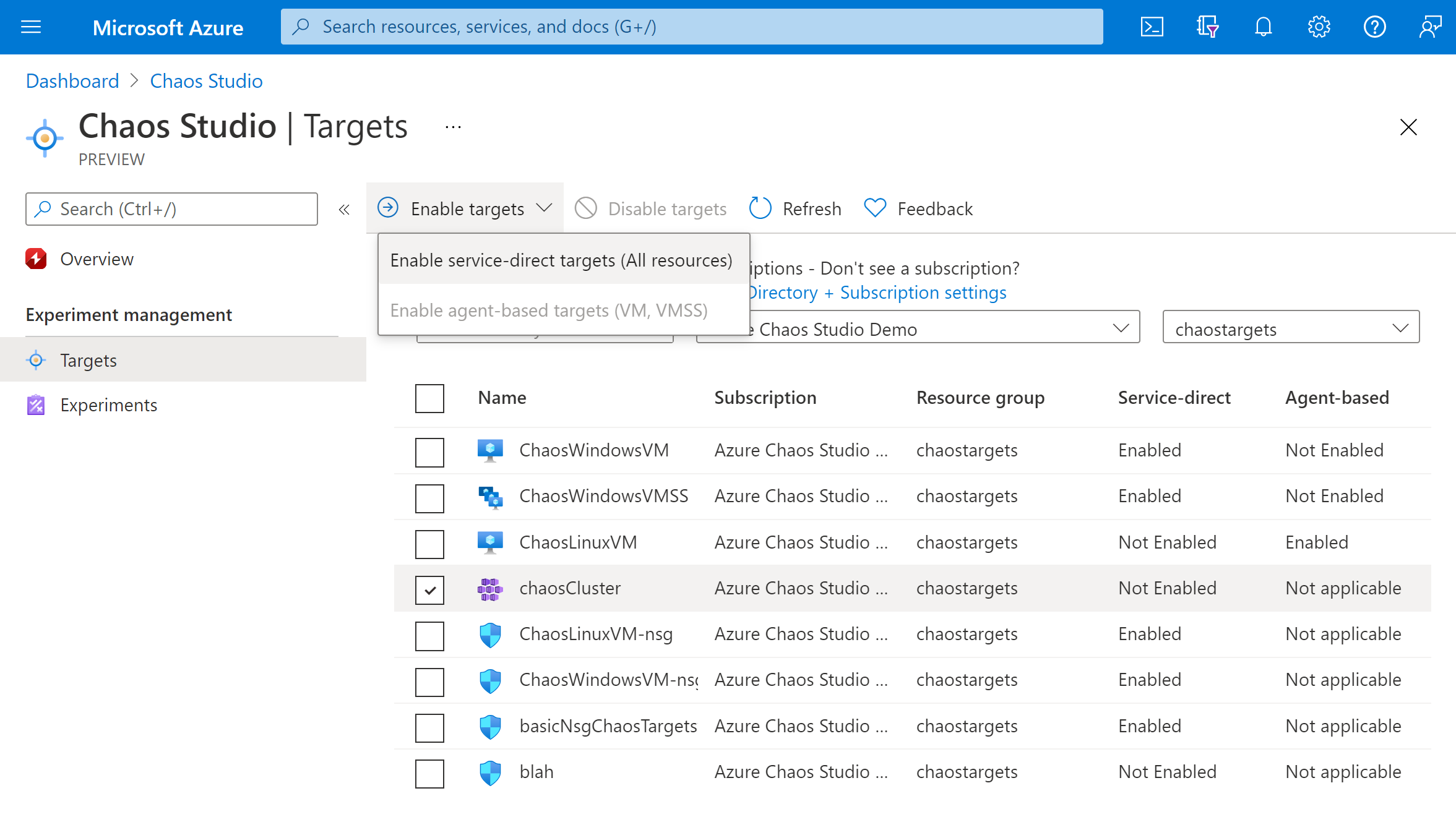 Snímek obrazovky znázorňující povolení cílů na webu Azure Portal