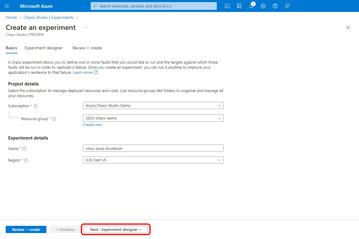 Snímek obrazovky znázorňující obrazovku vytvoření experimentu se zvýrazněným tlačítkem Další