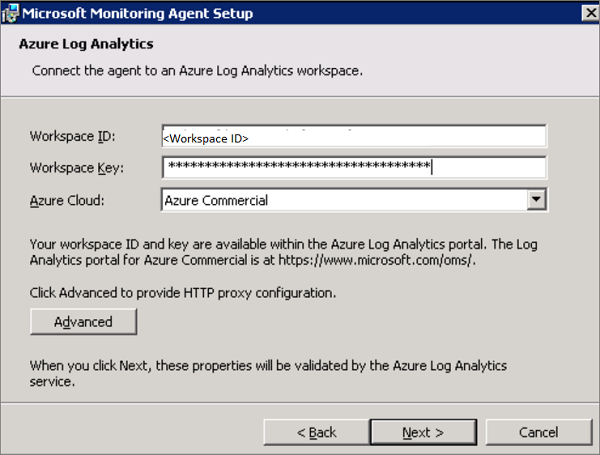 Nastavení agenta Microsoft Monitoring Agent: Azure Log Analytics