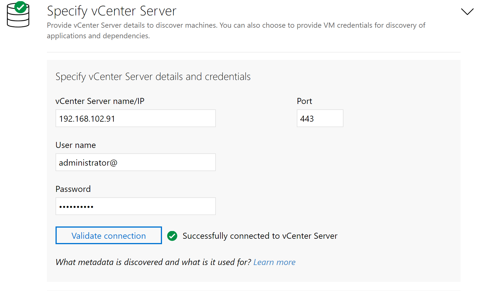 Snímek obrazovky s oddílem pro nastavení přihlašovacích údajů VMware vCenter