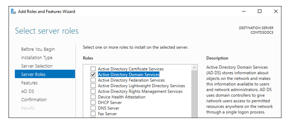 Snímek obrazovky znázorňující výběr role serveru