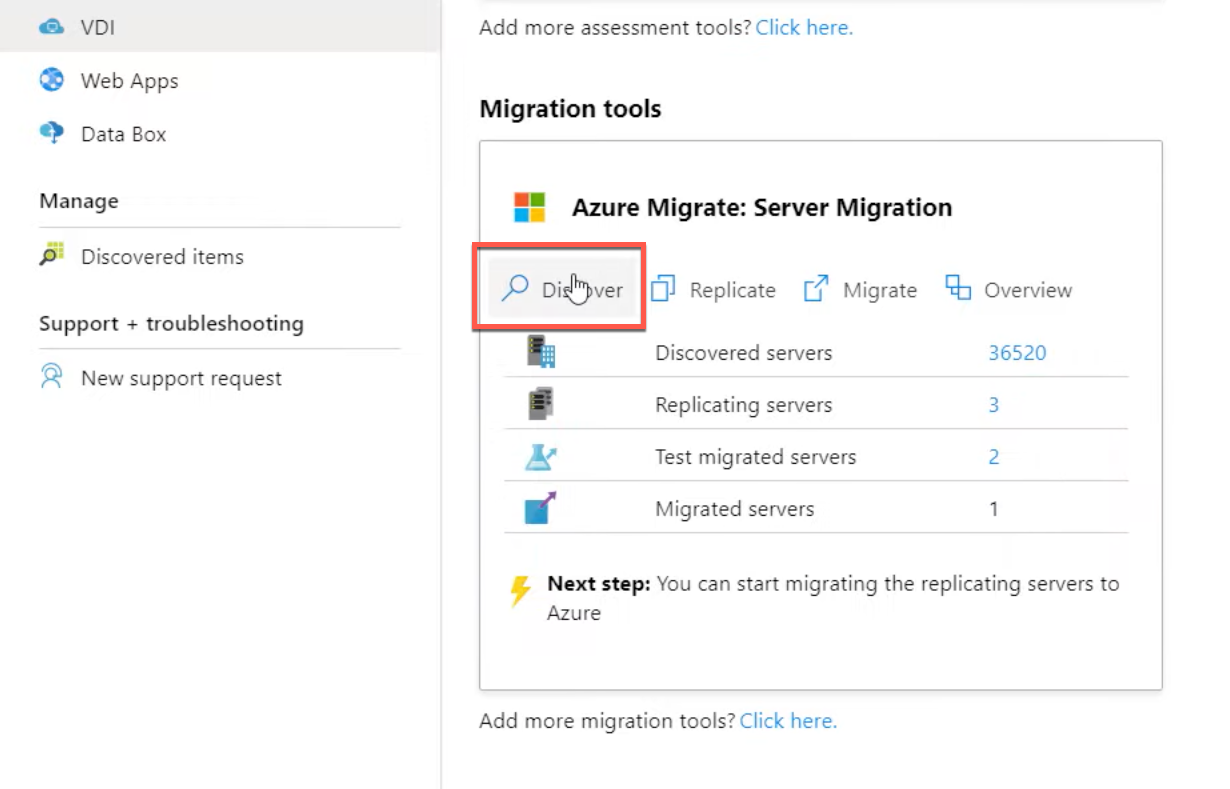 Snímek obrazovky s možností zjišťování migrace serverů ve službě Azure Migrate