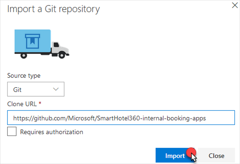 Snímek obrazovky s podoknem Import a Git Repository (Importovat úložiště Git)
