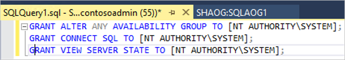 Snímek obrazovky znázorňující udělení oprávnění k přihlášení SQL