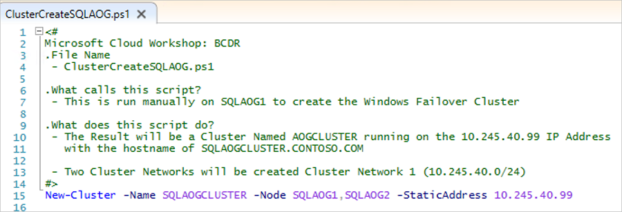 Snímek obrazovky znázorňující skript pro vytvoření clusteru Windows s podporou převzetí služeb při selhání